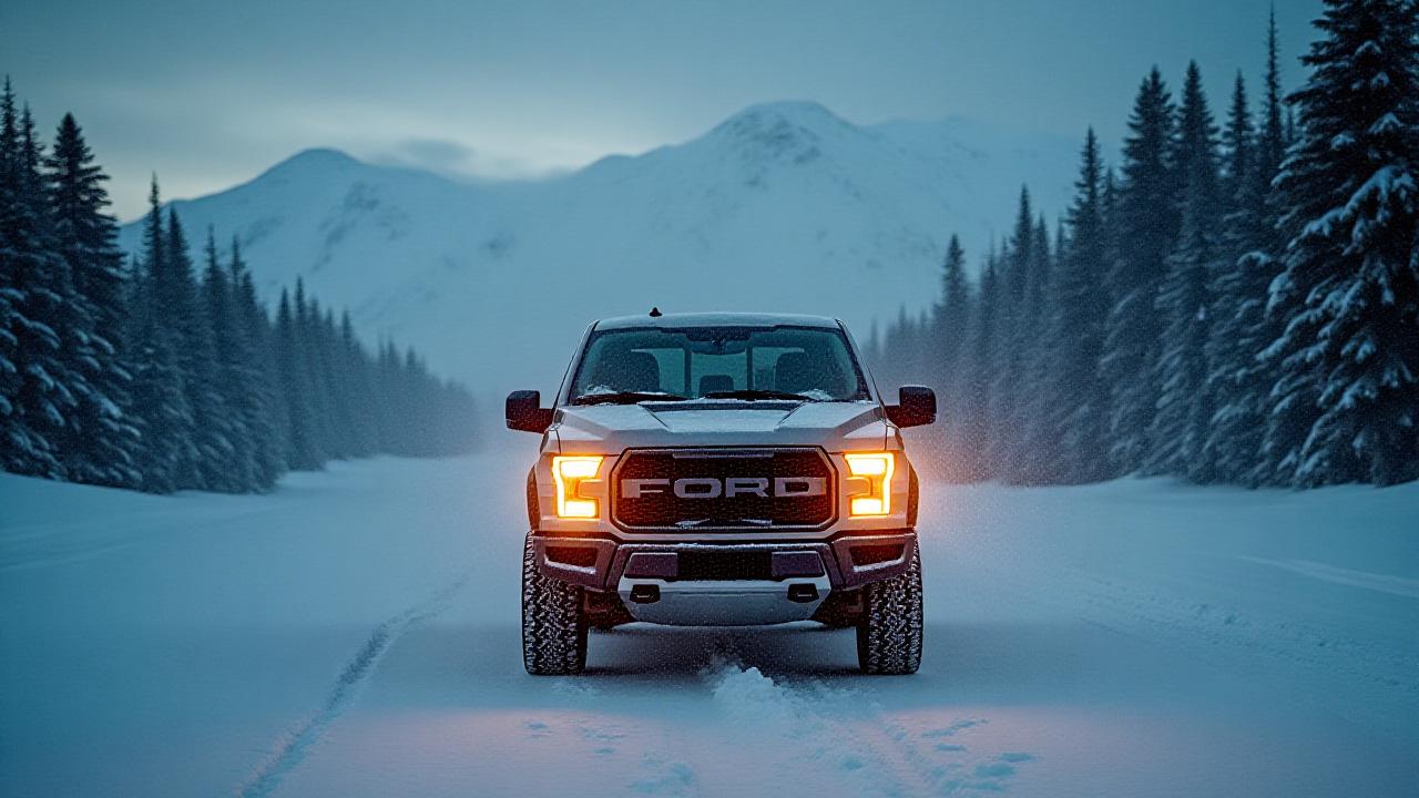 Подготовленный внедорожник едет сквозь метель по аляскинской трассе